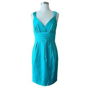 MAGGY LONDON TEAL Knee Length Dress Sheath Satin Sleeveless Cocktail EUC